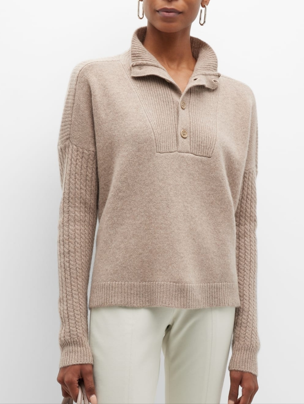 Splendid Taupe Cable-Sleeve Button Polo Sweater